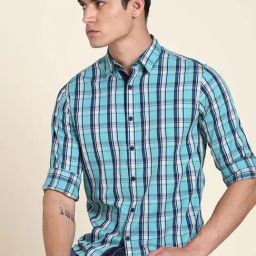 Dennis Lingo Light Blue Cotton Slim Fit Checks Shirt-picture-45