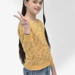 Crimsoune Club Kids Mustard Floral Print Full Sleeves Sweatshirt image 4