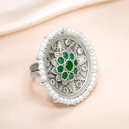 Peora Silver-Plated Stones & Beads Studded Adjustable Statement Finger Ring-picture-25
