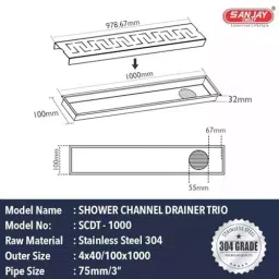 Sanjay Chilly Trio Shower Drain Channel Silver Side Hole 100 x 1000 mm, SCDT- 1000 image 2
