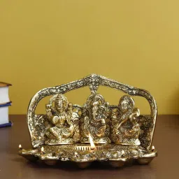 eCraftIndia Laxmi Ganesha Saraswati with Diya for 6 Wicks Handcrafted Metal Decorative Showpiece image 2