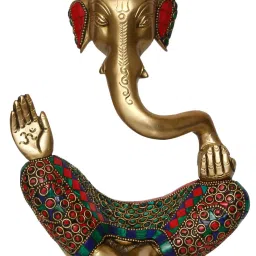 eCraftIndia Meditating Lord Ganesha Handcrafted Brass Idol with Colorful Stone Work image 3