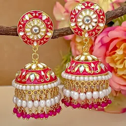 Zeviel Gold-Plated Kundan Studded & Pearls Beaded Dome Shaped Jhumkas-picture-54