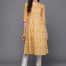 Indo Era Yellow Cotton Printed A Line Kurta-picture-45