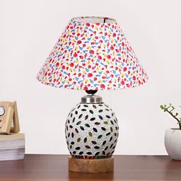 Devansh White Floral Printed Wooden Frustum Shaped Table Lamp With Mosaic Glass Base image 5