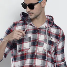 The Indian Garage Co Men White & Maroon Comfort Fit Checked Cotton Hooded Shirt-picture-22