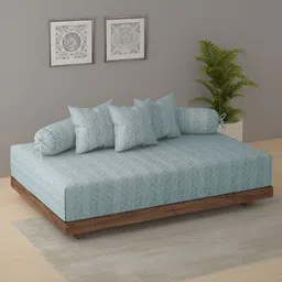 SWAYAM Set Of 6 Blue Printed Cotton Diwan Set image 1