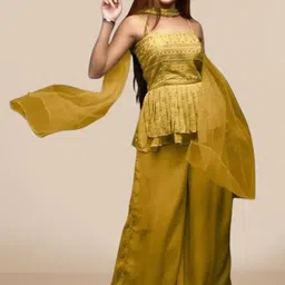 PARROT CREATION Floral Embroidered Thread Work Georgette Kurti With Palazzos And Dupatta-picture-29