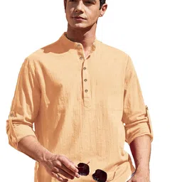BHUVIKOO Band Collar Roll-Up Sleeves Straight Short Kurta-picture-19