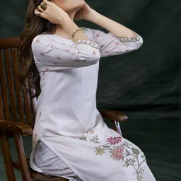 Zirvi Elegant Off White Cotton Linen Kurti with Floral Print image 3