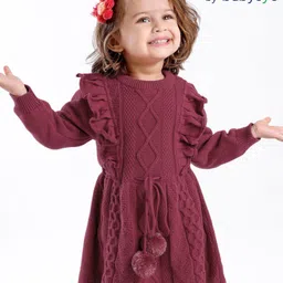 Babyoye Eco Conscious 100% Cotton Solid Cable Knit Full Sleeves Sweater Frock - Red-image-96