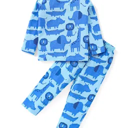Babyhug Cotton Knit Full Sleeves Night Suit Animal Print - Blue-picture-10