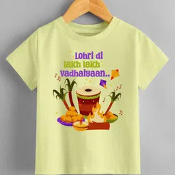 KNITROOT Cotton Lycra Lohri Theme Half Sleeves Lohri Di Lakh Lakh Vadhaiyaan Text Printed Tee - Yellow-picture-18