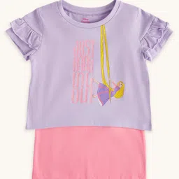Pantaloons Junior Cotton Disney Tangled Featuring Half Sleeves Rapunzel & Typography Printed Top With Inner Tee - Lavender & Pink-picture-17
