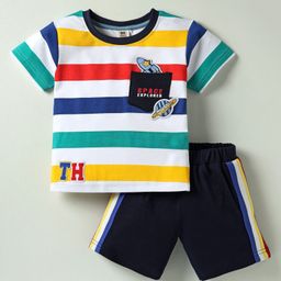 ToffyHouse Knitted Half Sleeves Striped T-Shirt & Shorts Set with Space Theme Badge Detailing - Navy Blue-picture-39