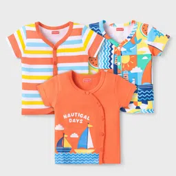 Babyhug 100% Cotton Knit Half Sleeves Front Open Vest With Stripes & Nautical Print Pack Of 3 - Orange & Light Blue-picture-21