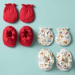 Ben Benny 100% Cotton Interlock Knit Mitten & Booties Set with Aeroplane Print Pack of 2 - White & Red-picture-38