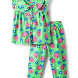 Babyhug Cotton Knit Frill Sleeves Front Open Co-Ord Night Suit with Tropical Print - Green-picture-24
