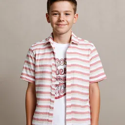 CAVIO Cotton Woven Half Sleeves Striped Shirt & Tee Set - Peach-picture-29