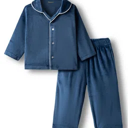 Kanvin Velour Knit Full Sleeves Winter Solid Color Co-ord Night Suit - Navy Blue-picture-12