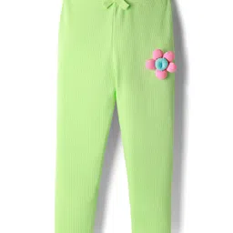 Babyhug Rib Cotton Knit Full Length Leggings With Stretch & Floral Applique - Green-picture-17