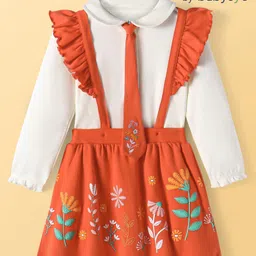 Babyoye 100% Cotton Knit Full Sleeves Peter Pan Collared Solid Colour Top with Floral Printed Skirt & Tie - Red & White image 2