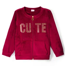 Babyhug Velour Woven Full Sleeves Winter Wear Suit Set With Cute Text Squined with Kangaroo Pocket - Maroon image 2