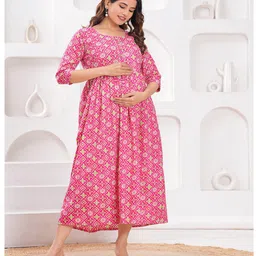 NEVISHA STYLE Cotton Woven Three Fourth Sleeves Floral Printed Maternity Kurta With Front Open Nursing Access - Pink image 4
