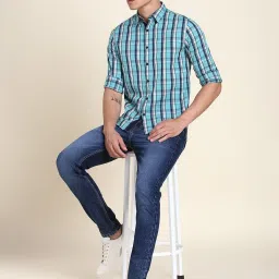 Dennis Lingo Light Blue Cotton Slim Fit Checks Shirt image 5