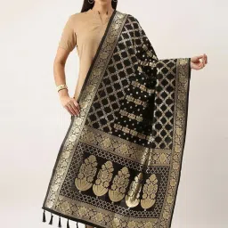 Silk Land Black Woven Pattern Dupatta image 1