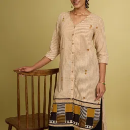 Taneira Beige Regular fit Cotton Stripes Kurtas image 1