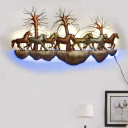 eCraftIndia 7 Running Horses Scenic View Handcrafted Iron Wall Hanging with background LED's image 2