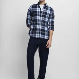 Dennis Lingo Navy Cotton Slim Fit Checks Shirt image 5