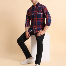 Dennis Lingo Red & Navy Cotton Slim Fit Checks Shirt image 5