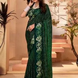Saree Mall Green Floral Print Saree With Unstitched Blouse image 1