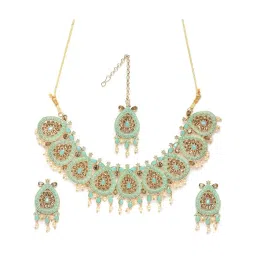 Zaveri Pearls Enamelling Mint Green Traditional Necklace Earring & Maangtikka Set-ZPFK9792 image 1