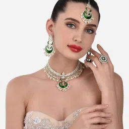 Zaveri Pearls Green Meenakari Crescent Shape Kundan Choker Necklace Earring Maangtikka & Ring Set-ZPFK13054 image 5