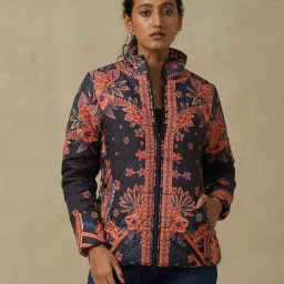aarke Ritu Kumar Navy & Orange Floral Print Quilted Jacket image 1