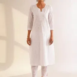 Jaypore White Chikankari Straight Fit Kurta image 5