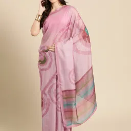 Silk Land Pink Silk Printed Saree With Unstitched Blouse image 1