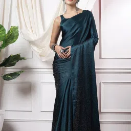 Satrani Teal Blue Printed Saree With Unstitched Blouse image 1