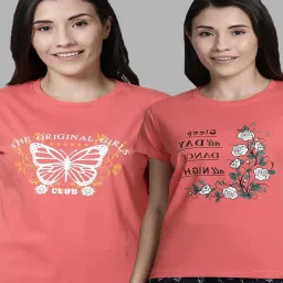 Kryptic Peach Cotton Graphic Print T-Shirt (Pack Of 2) image 1