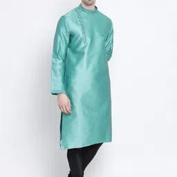 here&now x sanwara Sanwara Men Sea Green Woven Design Straight Kurta image 4