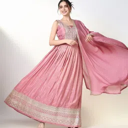 showoffff SHOWOFF Pink Embroidered Sleeveless Kurta with Dupatta image 5