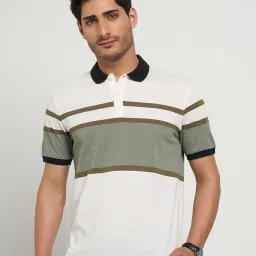 Peregrine By Pantaloons Bright White & Green Slim Fit Stripe Polo T-Shirt image 1