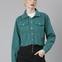 showoffff SHOWOFF Teal Regular Fit Crop Denim Jacket image 1
