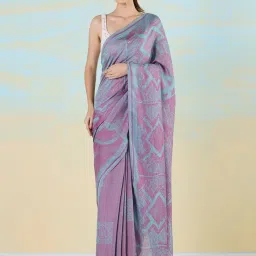 navyasa by liva Blue & Pink Printed Saree With Unstitched Blouse image 1