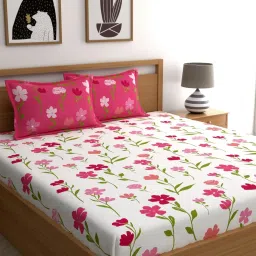 Dreamscape Dark Pink Cotton Floral Bed Sheets Sets image 1