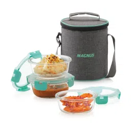 Magnus Glock Linen Borosilicate Glass Round Containers Lunch Box with Vertical Pouch - Set of 3 image 1