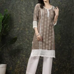 Melon by PlusS Brown Cotton Printed Straight Kurta image 1